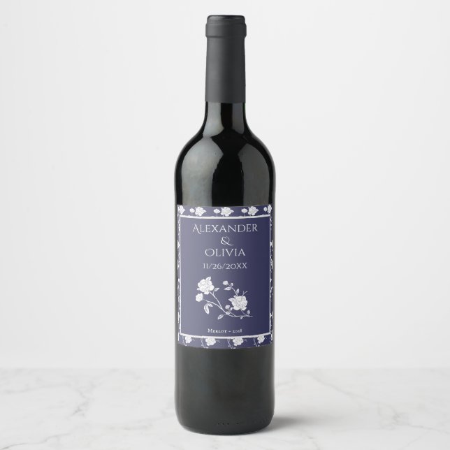 Navy Rose Wedding Wine Label (Front)