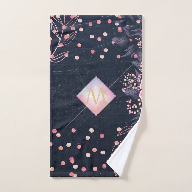 Navy Rosegold Monogram Gifts Girly Floral Pink Hand Towel (Hand Towel)