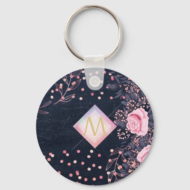 Navy Rosegold Monogram Gifts Girly Floral Pink Keychain (Front)