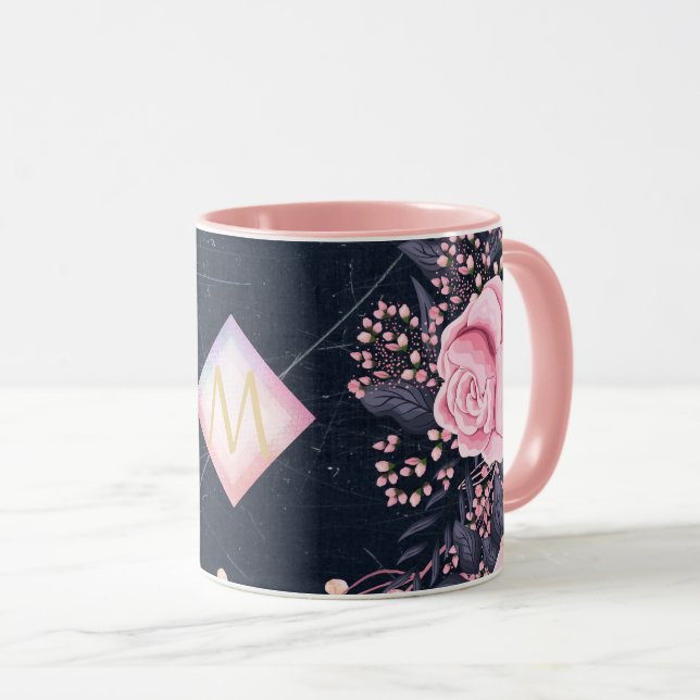 Navy Rosegold Monogram Gifts Girly Floral Pink Mug (Front Right)