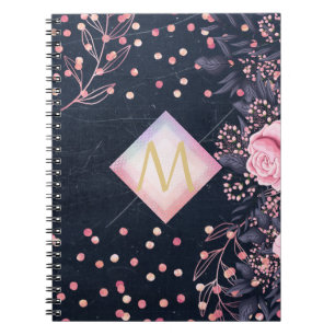 Navy Rosegold Monogram Gifts Girly Floral Pink Notebook