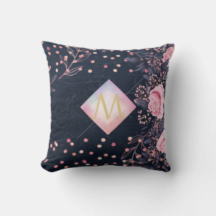 Navy Rosegold Monogram Gifts Girly Floral Pink Throw Pillow