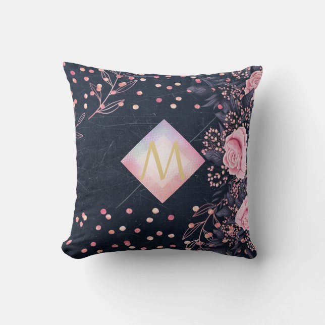 Navy Rosegold Monogram Gifts Girly Floral Pink Throw Pillow (Front)
