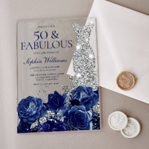 Navy Roses & Diamond Dress 50th Birthday Acrylic Invitations