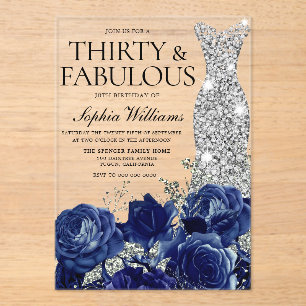 Navy Roses Diamond Gown 30th Birthday Party Acrylic Invitations