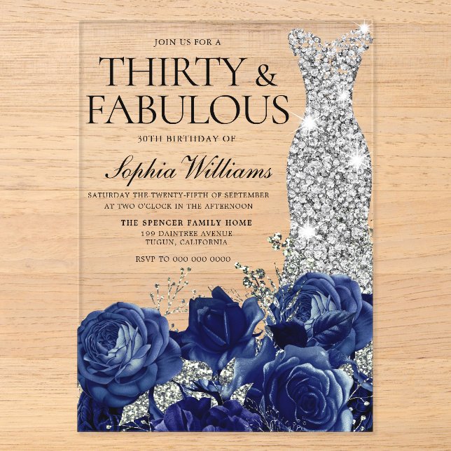 Navy Roses Diamond Gown 30th Birthday Party Acrylic Invitations (Front)
