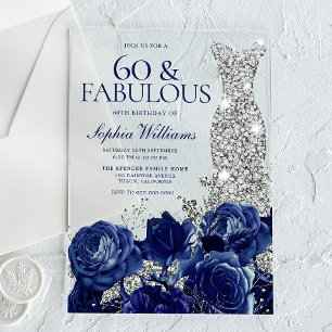 Navy Roses Diamond Gown Womans 60th Birthday Acrylic Invitations