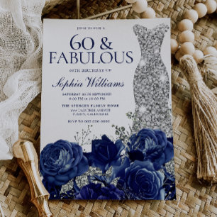Navy Roses Diamond Gown Womans 60th Birthday Invitation
