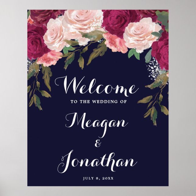 navy roses floral wedding welcome sign (Front)