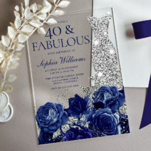 Navy Roses Silver Dress 40th Birthday Acrylic Invitations
