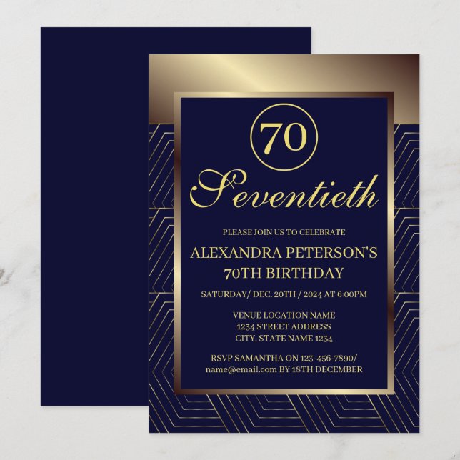 Navy Royal blue And Gold Patterned Border Birthday Invitation (Front/Back)