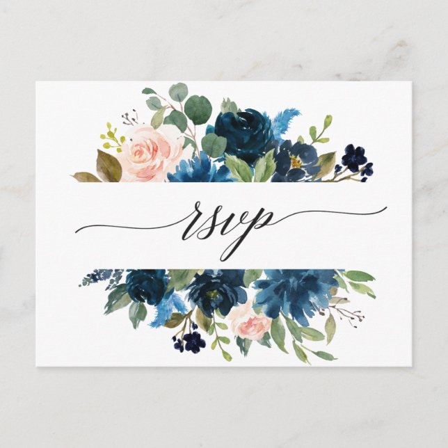 Navy Royal Blue Blush Pink Floral Botanical RSVP Postcard (Front)