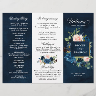 Navy Royal Blue Blush Pink Floral Tri-fold Program