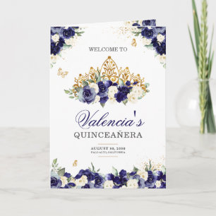 Navy Royal Blue Floral Tiara Butterfly Quinceanera Program