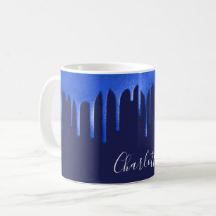 Navy royal blue glitter drips name script coffee mug