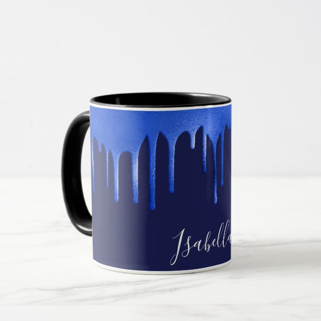 Navy royal blue glitter drips name script mug (Front Left)
