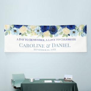 Navy Royal Bue Wedding Watercolor Ivory Flowers Banner