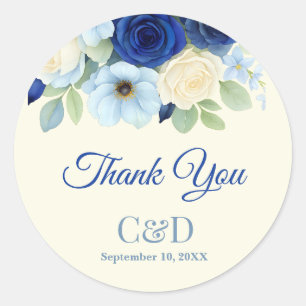 Navy Royal Bue Wedding Watercolor Ivory Flowers Classic Round Sticker
