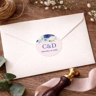Navy Royal Bue Wedding Watercolor Ivory Flowers Classic Round Sticker