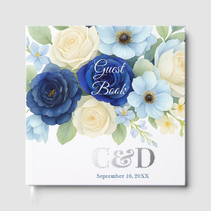 Navy Royal Bue Wedding Watercolor Ivory Flowers Guest Book