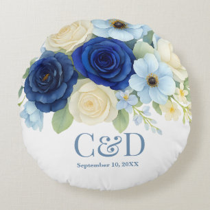 Navy Royal Bue Wedding Watercolor Ivory Flowers Round Pillow