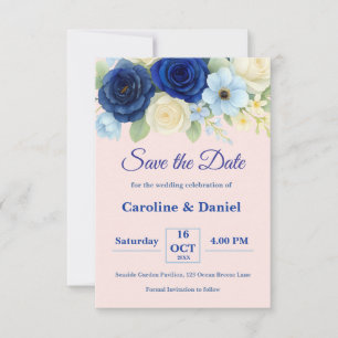 Navy Royal Bue Wedding Watercolor Ivory Flowers Save The Date