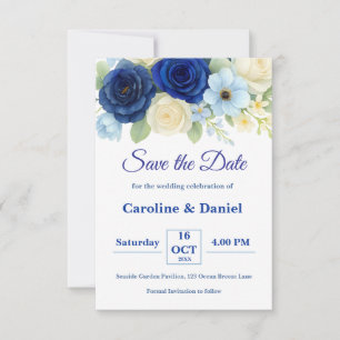Navy Royal Bue Wedding Watercolor Ivory Flowers Save The Date