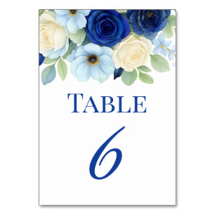 Navy Royal Bue Wedding Watercolor Ivory Flowers Table Number