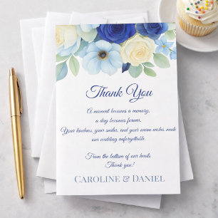 Navy Royal Bue Wedding Watercolor Ivory Flowers Thank You Card