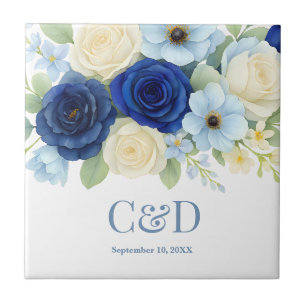 Navy Royal Bue Wedding Watercolor Ivory Flowers Tile