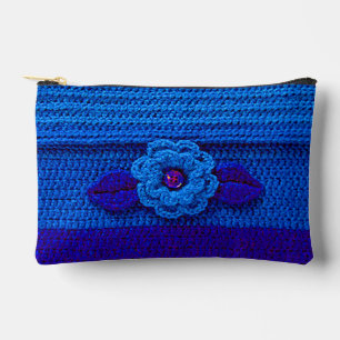 Navy Royal Deep Blue Flower Artisan Crochet Print  Accessory Pouch