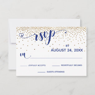Navy RSVP Calligraphy with Hearts, Gold Confetti, Card