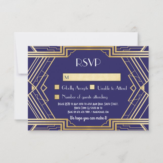 Navy RSVP Cards Vintage Gatsby Wedding Invites (Front)