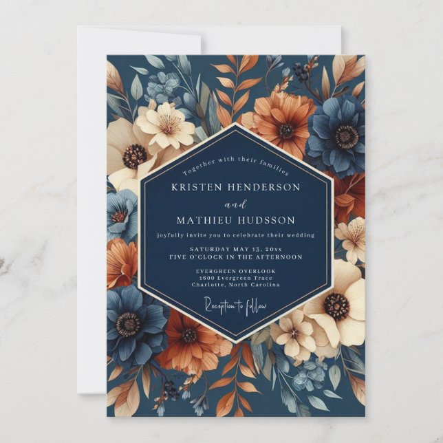 Navy Rust Artistic Flora Wedding Invitation (Front)