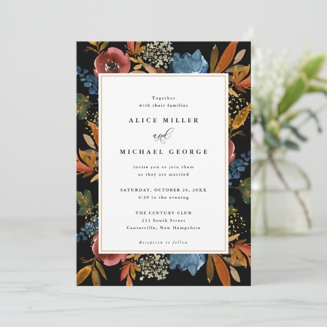 Navy & Rust Boho Floral, Black Wedding Invitation (Standing Front)