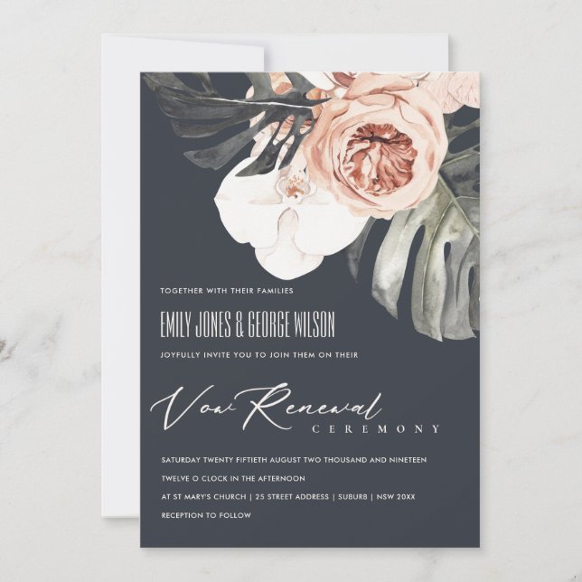 NAVY RUST FLORAL MONSTRERA LEAF VOW RENEWAL INVITE (Front)