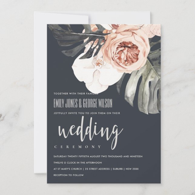 NAVY RUST FLORAL MONSTRERA LEAF WEDDING INVITE (Front)
