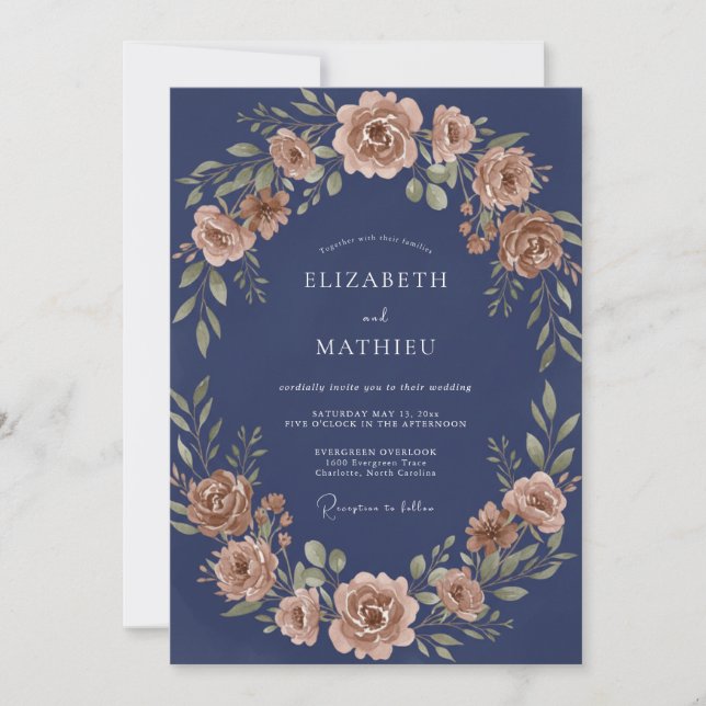 Navy Rust Floral Romance Wedding Invitation (Front)