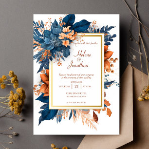 Navy Rust Modern Elegant Watercolor Floral Wedding Invitation