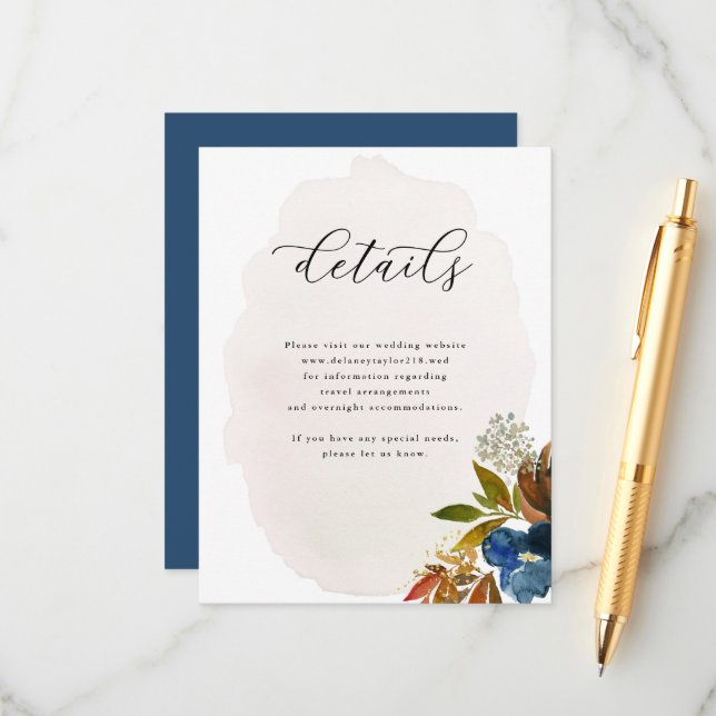 Navy & Rust Watercolor Boho Floral, Wedding Enclosure Card (Front/Back In Situ)