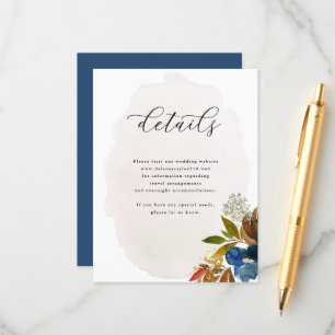 Navy & Rust Watercolor Boho Floral, Wedding Enclosure Card