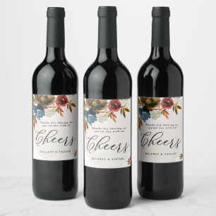 Navy & Rust Watercolor Boho Floral, Wedding Wine Label