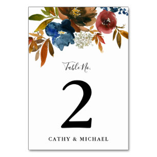 Navy & Rust Watercolor Floral Personalized Table Number