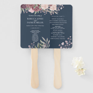 Navy Rustic Boho Dusty Rose Flowers Hand Fan