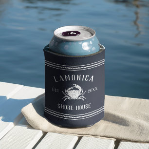 Navy Rustic Crab Personalized Shore House Can Cooler