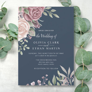 Navy Rustic Dusty Rose Watercolor Boho Flowers  In Invitation