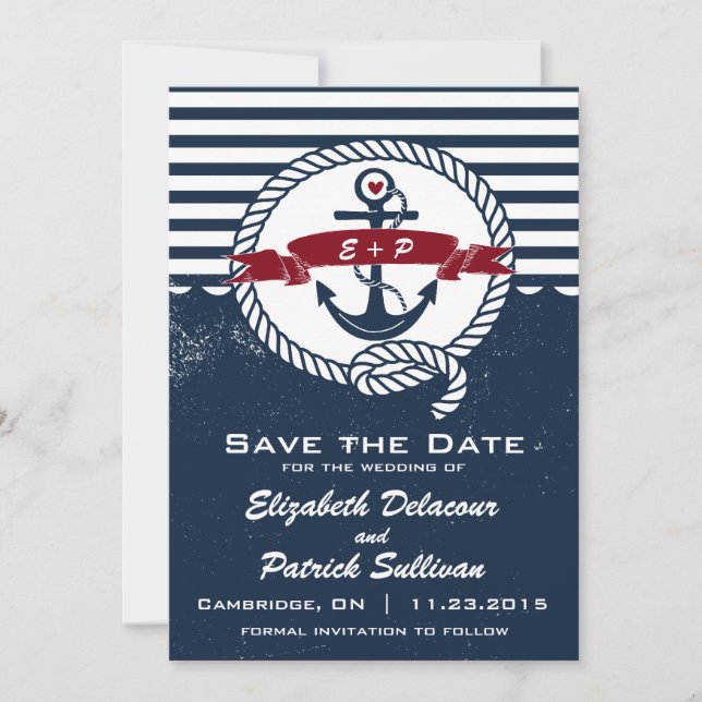 Navy Rustic Nautical Save The Date Announcement (Front)