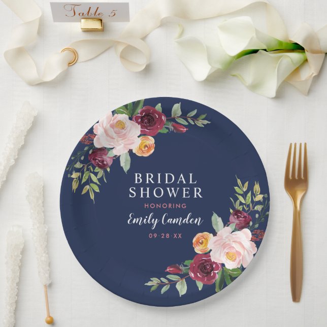 Navy Rustic Pink Burgundy Floral Bridal Shower Paper Plate (Wedding)