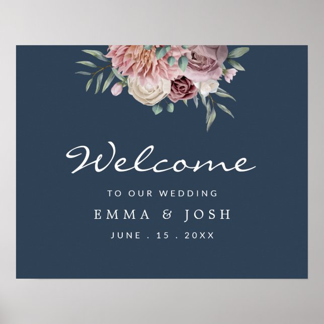 Navy Rustic Pink Floral Wedding Welcome Sign (Front)