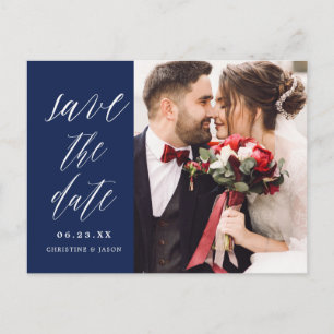 Navy Rustic Script Couple Photo Save the Dates Announcement Postcard